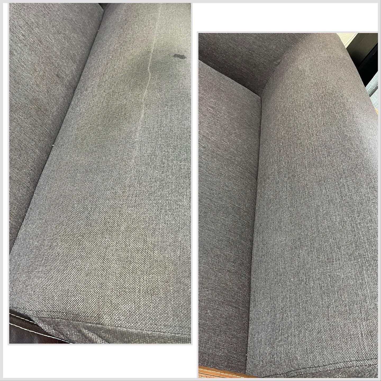Porównanie: fragment szarej sofy tapicerowanej - po lewej stronie widoczne zabrudzenia, po prawej efekt po czyszczeniu.