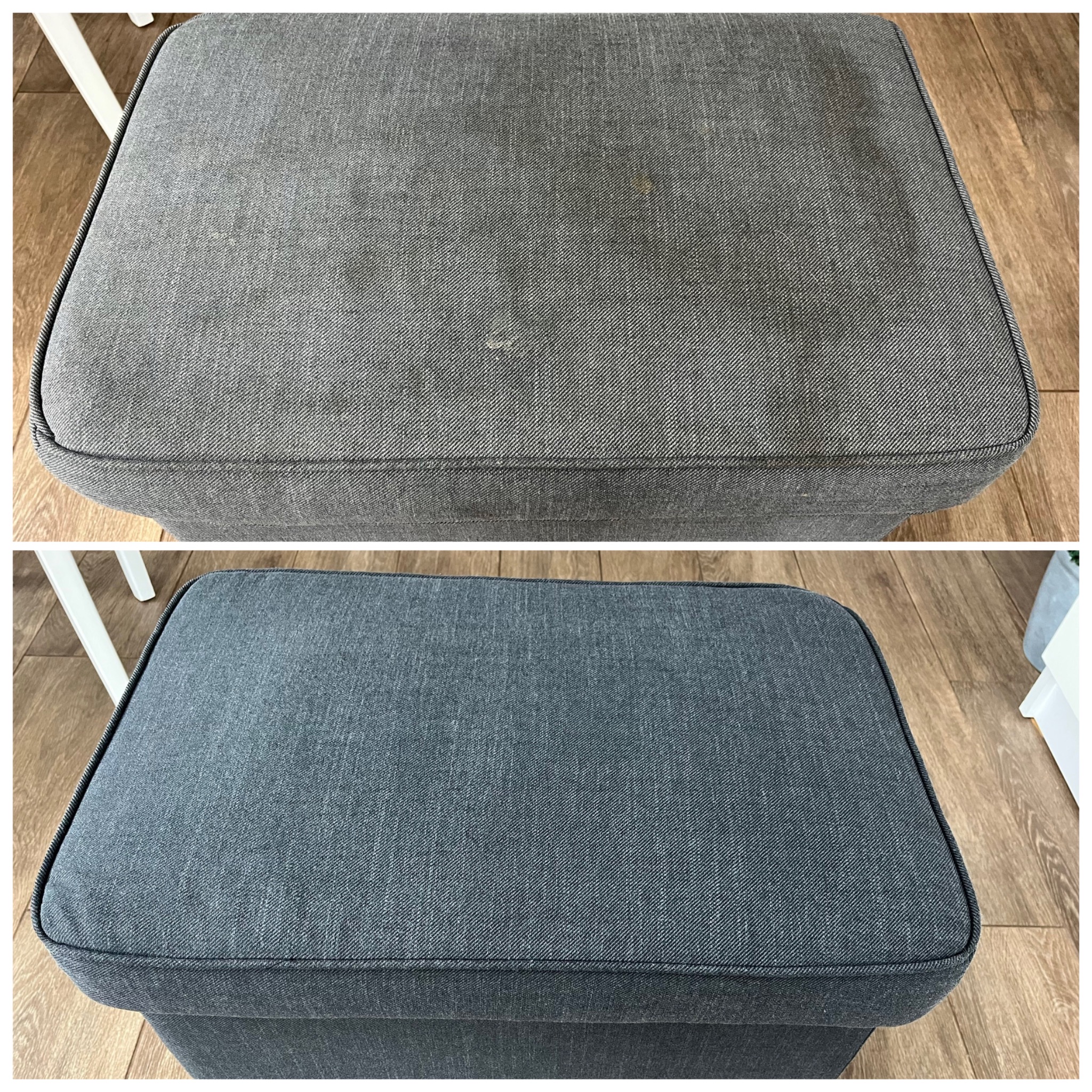 Pufa tapicerowana szarą tkaniną: górna część przed czyszczeniem, widoczne plamy; dolna część po czyszczeniu, jednolity kolor, czysta powierzchnia.