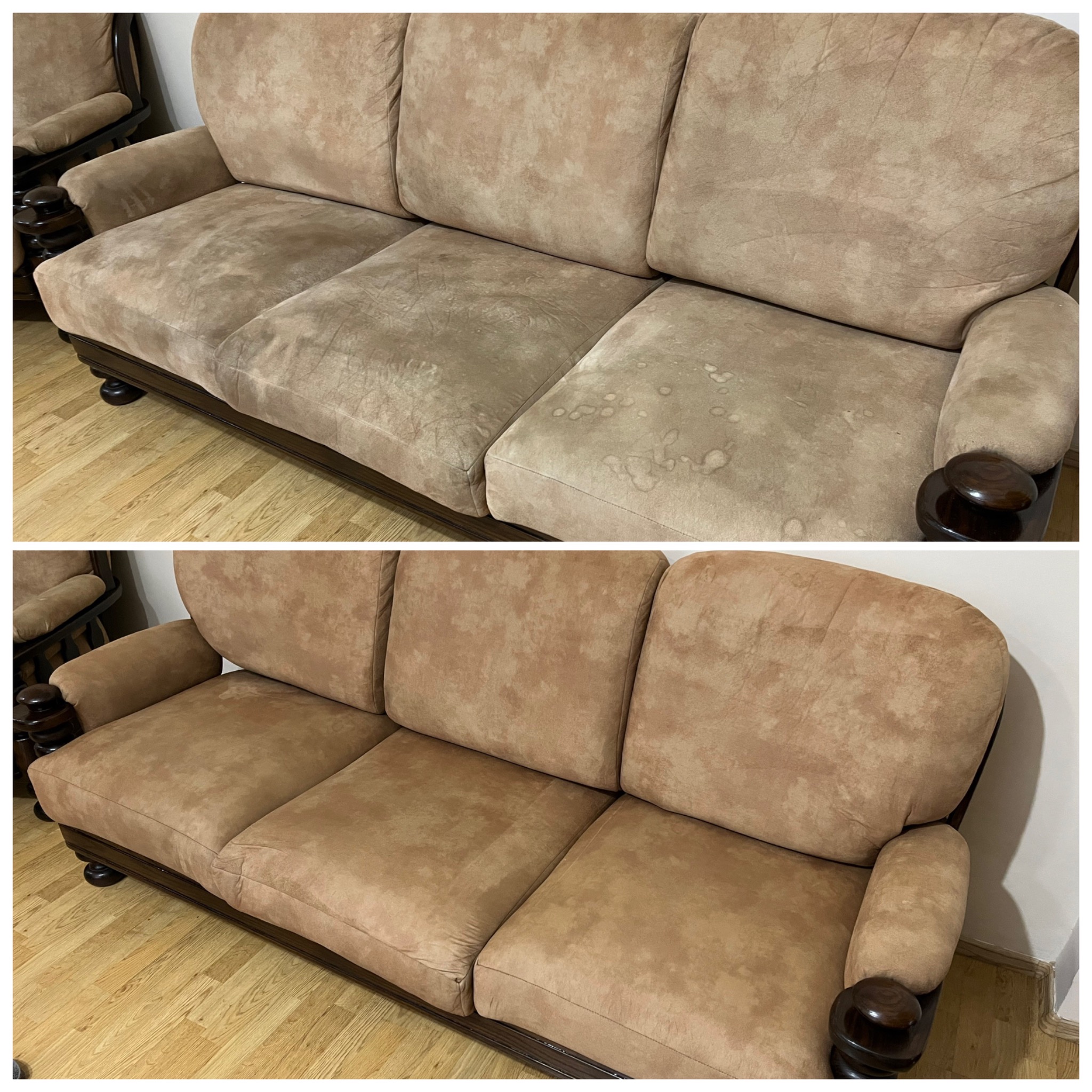 Brązowa, trzyosobowa kanapa z tapicerką w dwóch ujęciach: górne pokazuje widoczne plamy i zabrudzenia, dolne prezentuje efekt po czyszczeniu, z odświeżonym kolorem i bez plam.