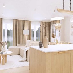 Decoria Studio Patrycja Tachmańska - Jasne, przestronne wnętrze mieszkania z otwartą kuchnią, beżową sofą i drewnianymi akcentami, widok na jezioro za oknem.