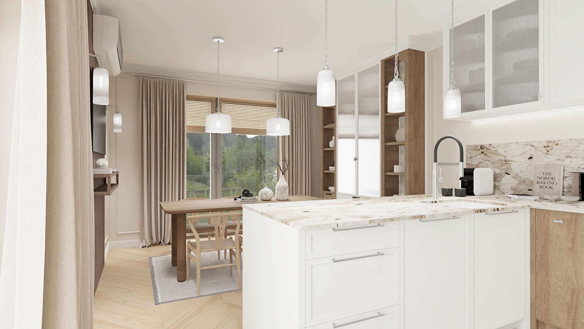 Jasna kuchnia z wyspą i marmurowym blatem, drewniany stół z krzesłami w tle okna z żaluzjami, minimalistyczne lampy wiszące i regał z przeszklonymi drzwiami.