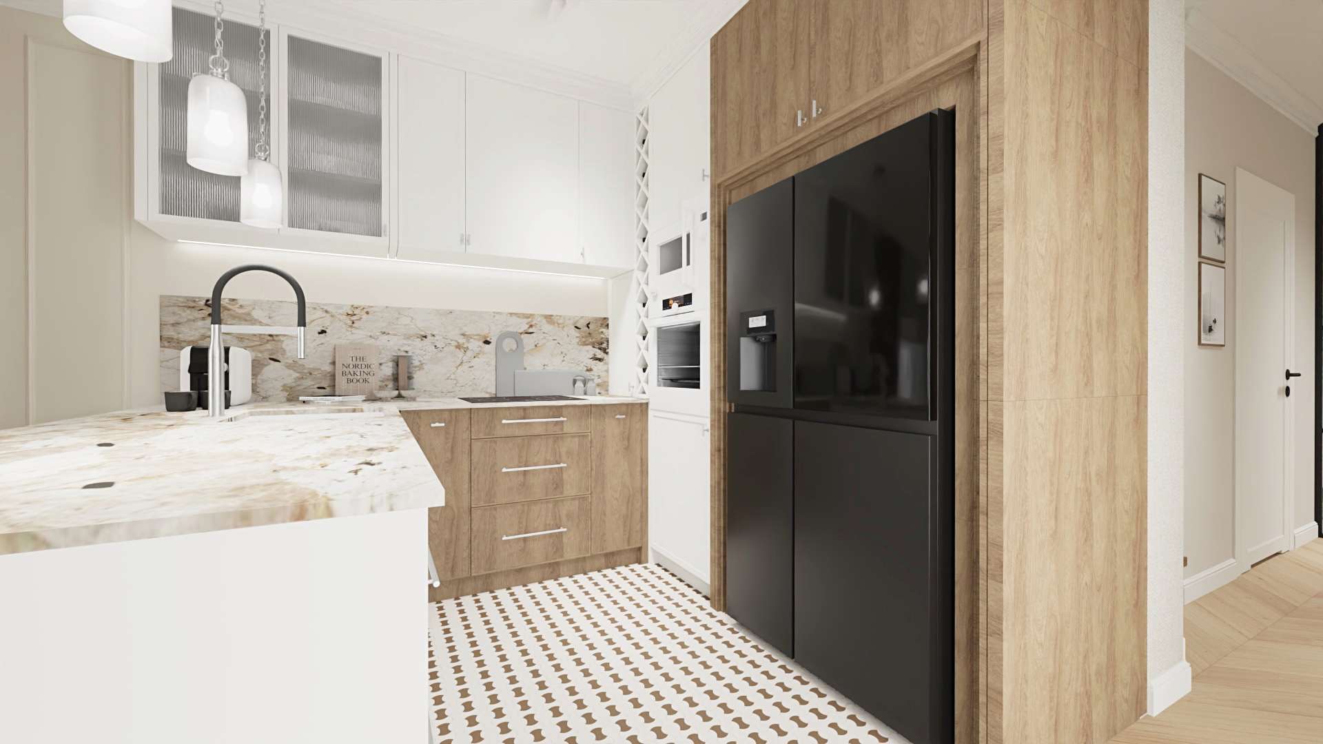 Wizualizacja nowoczesnej kuchni z białymi i drewnianymi szafkami, marmurowym blatem, czarną lodówką side-by-side i wzorzystą podłogą.