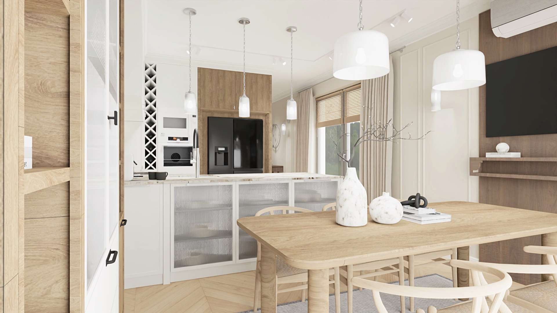 Jasna kuchnia z drewnianym stołem i krzesłami, białe lampy wiszące, minimalistyczny wystrój, nowoczesne AGD w zabudowie, dekoracyjne wazony na stole.