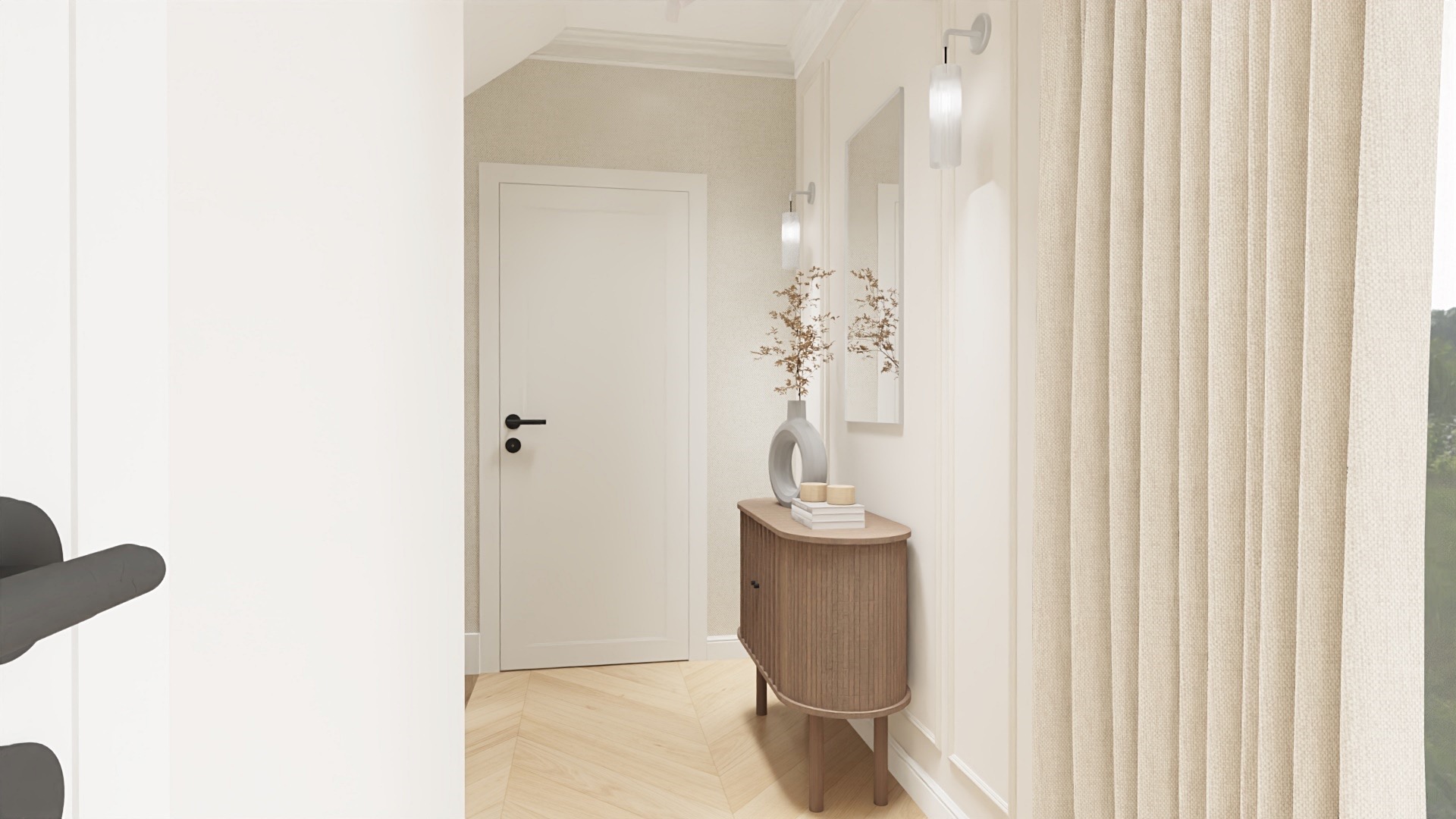 Neutralna aranżacja przedpokoju z drewnianą komodą, lustrem i minimalistycznym oświetleniem ściennym, uzupełniona wazonem z suszonymi kwiatami i książkami.