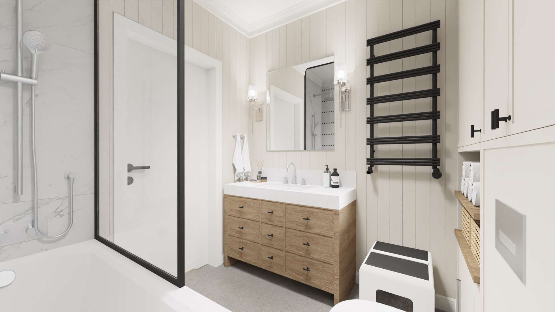 Wizualizacja łazienki w stylu skandynawskim: drewniana szafka pod umywalkę z dziewięcioma szufladami, biały blat, czarny grzejnik drabinkowy, kabina prysznicowa z czarną ramą i marmurowym...