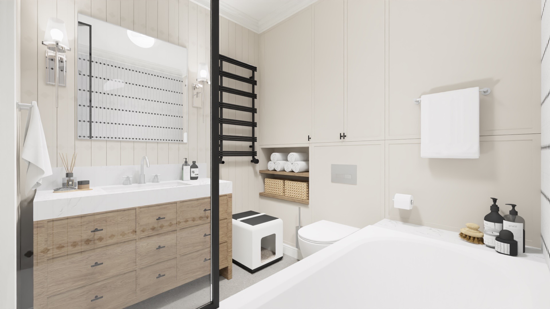 Jasna łazienka z drewnianą szafką pod umywalką, czarnym grzejnikiem drabinkowym i ukrytą toaletą dla kota.