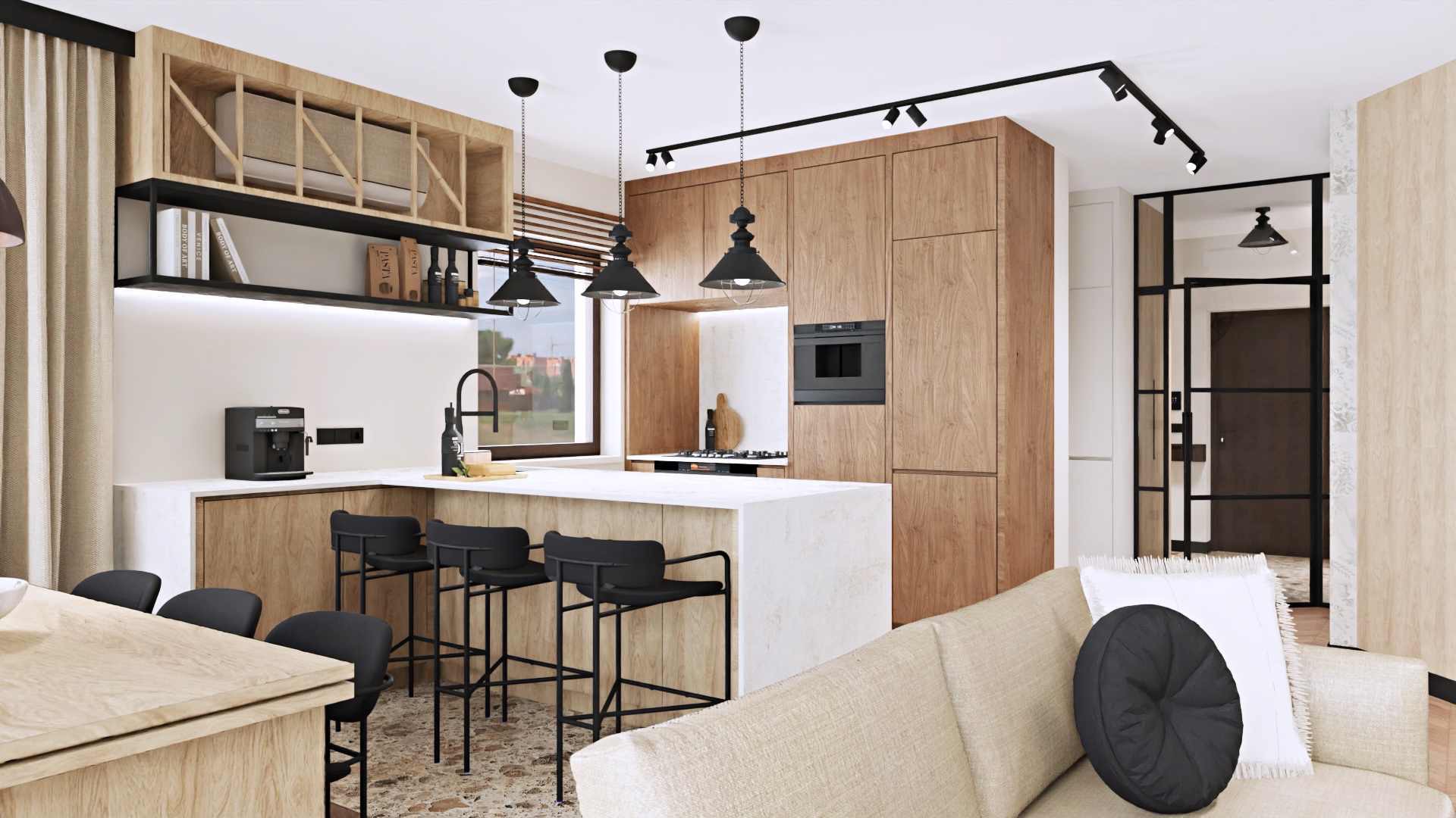 Wnętrze kuchni z drewnianą zabudową, wyspą z białym blatem, czarnymi hokerami, oświetleniem punktowym i wiszącymi lampami w stylu industrialnym, widok z perspektywy salonu z beżową sofą...