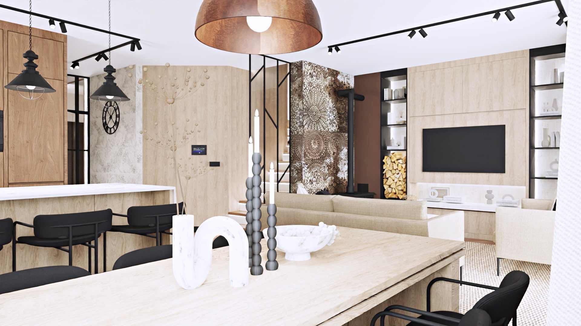 Wnętrze salonu z jadalnią w odcieniach beżu i brązu, z drewnianymi meblami, dekoracyjnym kominkiem i minimalistycznymi lampami wiszącymi, uzupełnione białymi elementami dekoracyjnymi na stole.