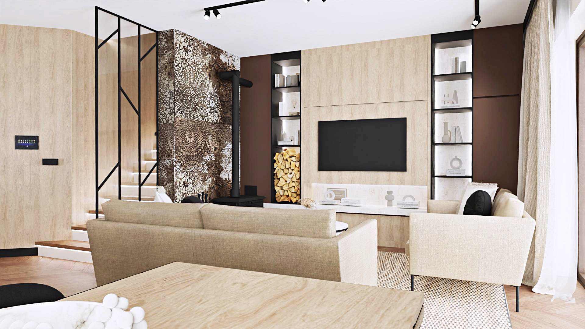 Wizualizacja salonu w Warszawie z kominkiem, drewnem opałowym w zabudowie, telewizorem i beżową sofą, widok z perspektywy stołu z dekoracją.