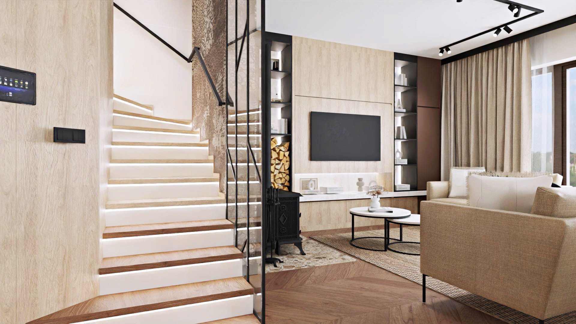 Nowoczesny salon z oświetlonymi schodami, kominkiem, telewizorem i beżową sofą, widok z perspektywy wejścia.