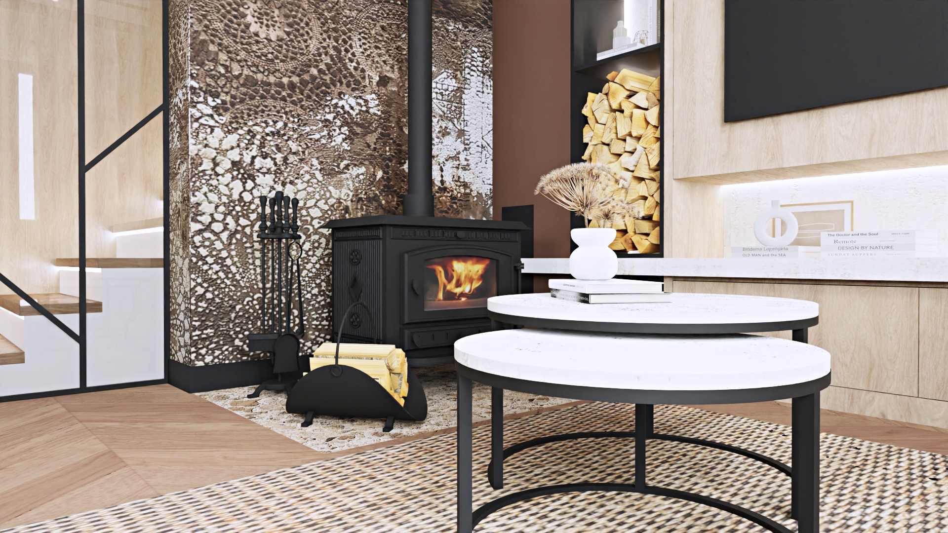 Salon z czarnym piecem kominkowym, dekoracyjną ścianą imitującą skórę węża, zestawem narzędzi kominkowych i stolikami kawowymi z białymi blatami na plecionym dywanie.