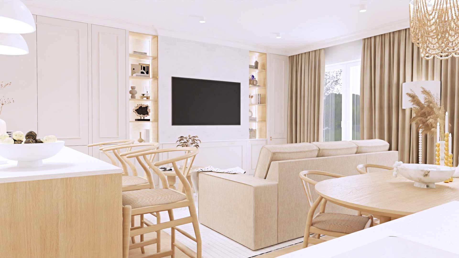 Jasne wnętrze salonu z drewnianymi krzesłami Wishbone, beżową sofą i zabudową meblową z półkami, oświetlone ciepłym światłem.