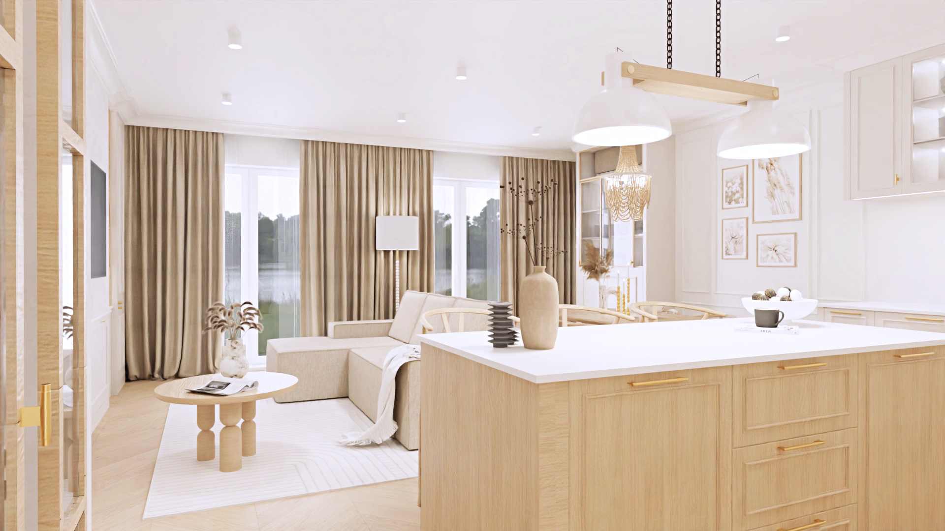 Jasne, przestronne wnętrze mieszkania z otwartą kuchnią, beżową sofą i drewnianymi akcentami, widok na jezioro za oknem.