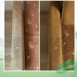 Porównanie efektu prania tapicerki kanapy: fragment przed czyszczeniem (po lewej) i po czyszczeniu (po prawej), widoczna poprawa koloru i usunięcie zabrudzeń.