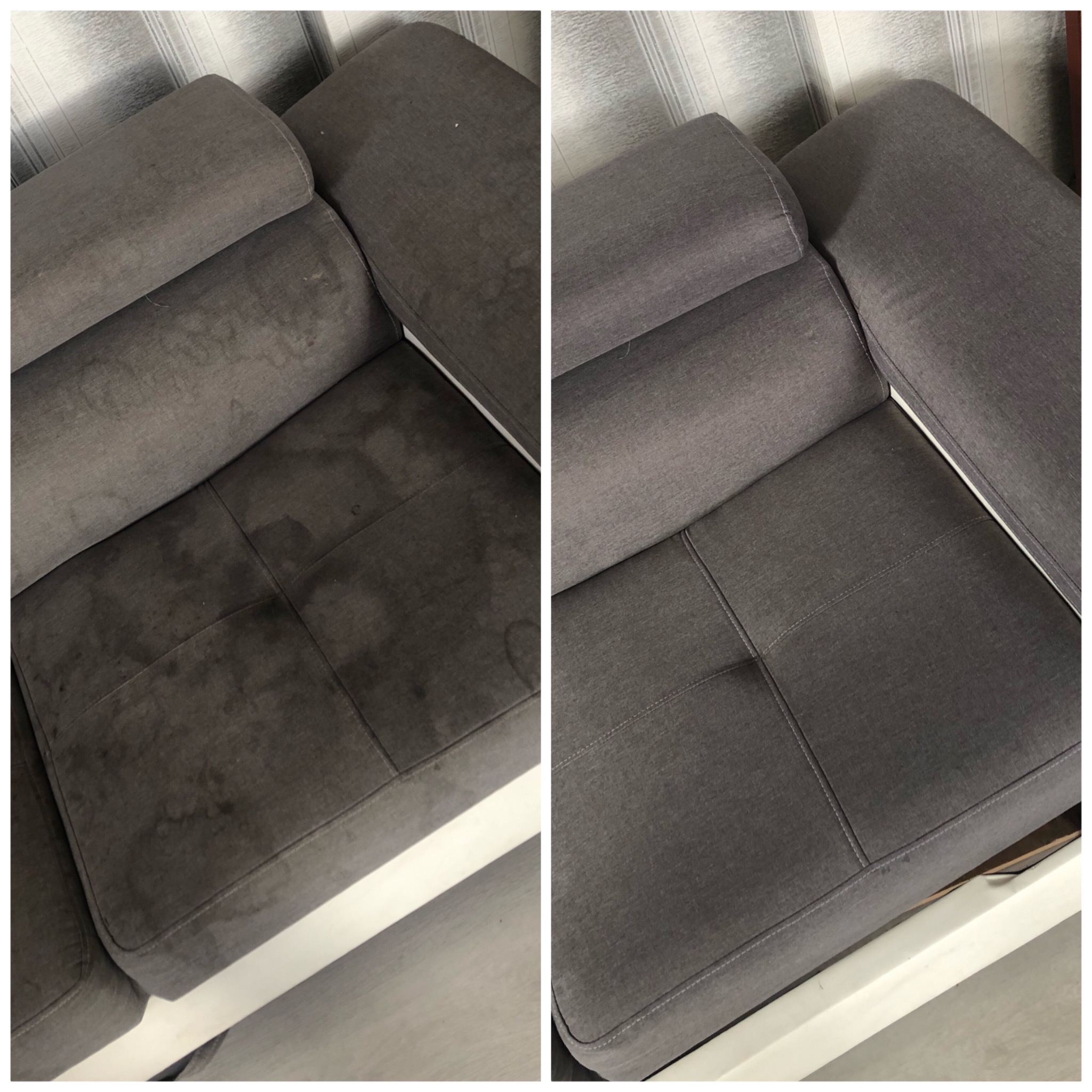 Porównanie stanu sofy przed i po czyszczeniu: po lewej stronie widoczne ciemne plamy i zabrudzenia na szarym materiale, po prawej - czysta, odświeżona tapicerka z wyraźnymi szwami.