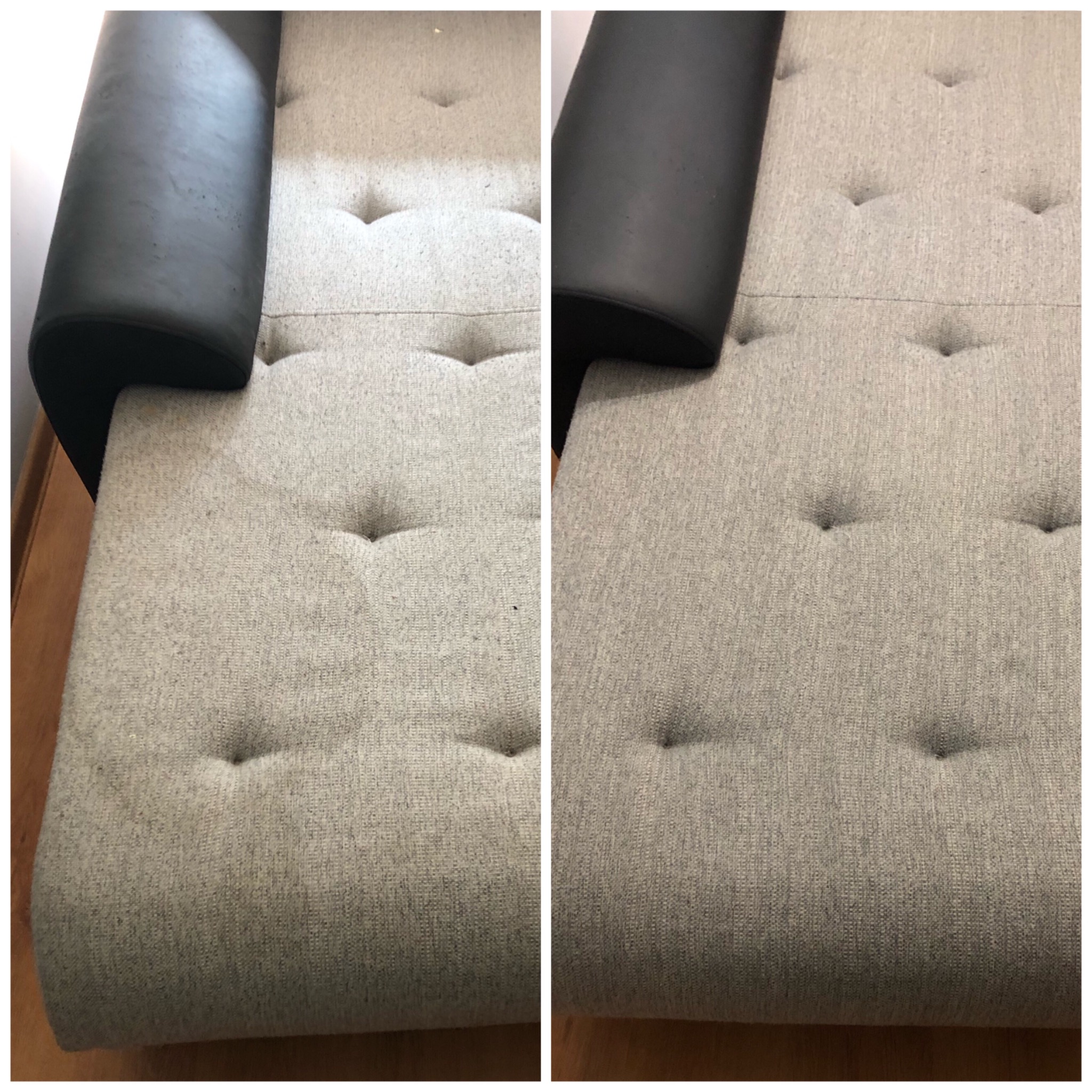 Porównanie fragmentu sofy przed i po czyszczeniu, widoczne różnice w wyglądzie tapicerki i jej odświeżenie.