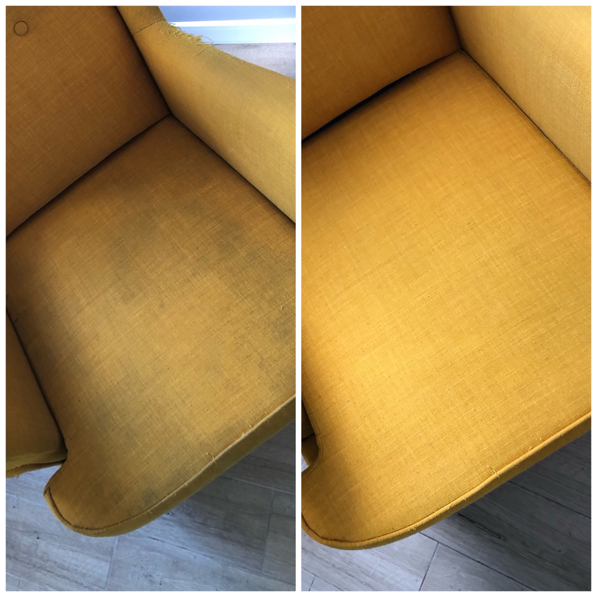 Żółty fotel tapicerowany: widok przed i po czyszczeniu, wyraźna różnica w czystości siedziska i oparcia.