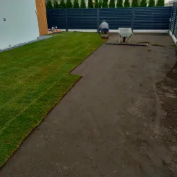 Układanie trawy z rolki w ogrodzie przy nowoczesnym domu z ciemnym ogrodzeniem panelowym; widoczny pracownik rozwijający rolkę trawy, taczka i częściowo ułożona trawa.