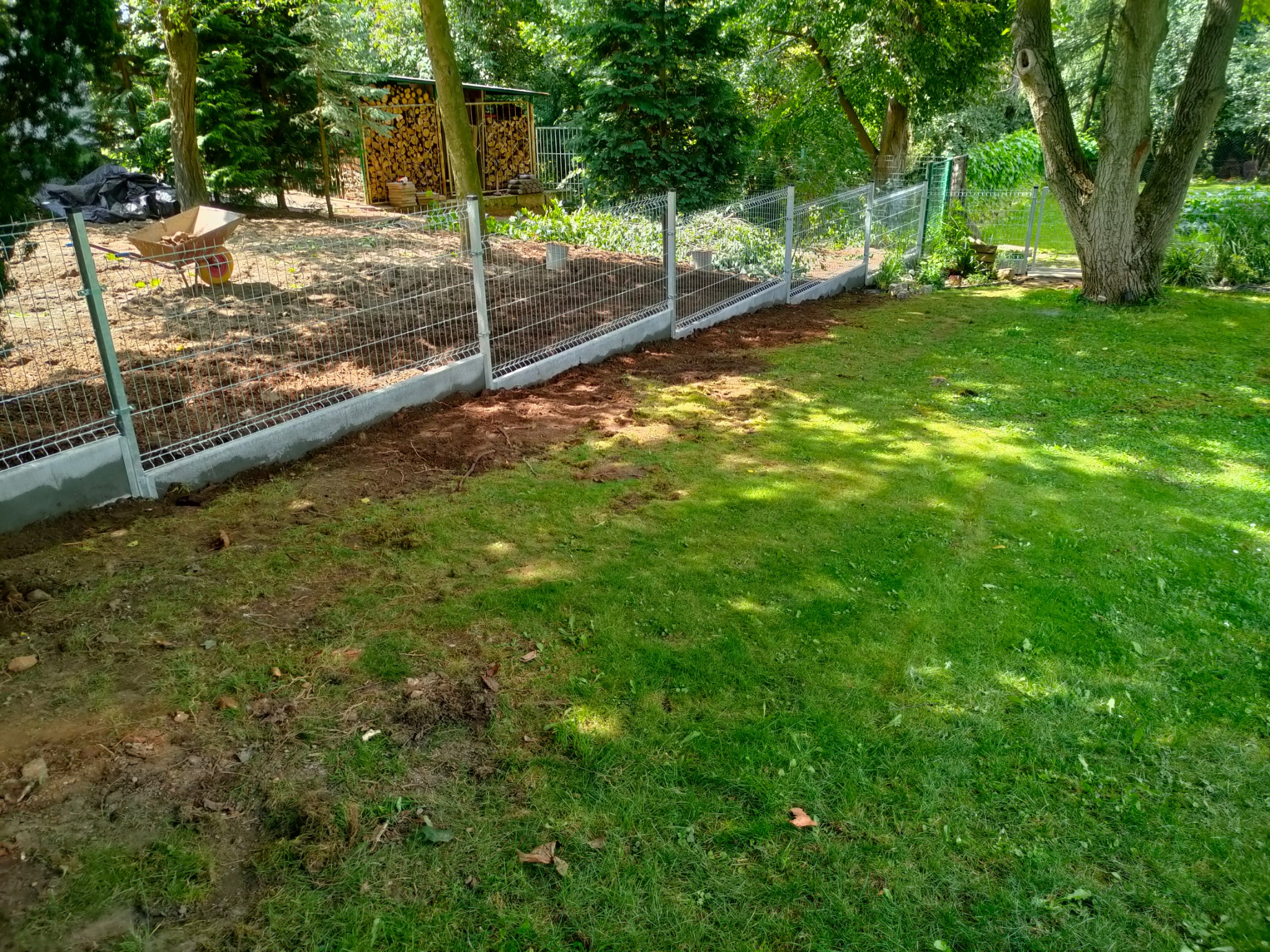 Nowo postawione ogrodzenie panelowe z betonową podmurówką na działce z zielonym trawnikiem, widoczny wózek z ziemią i skład drewna w tle.