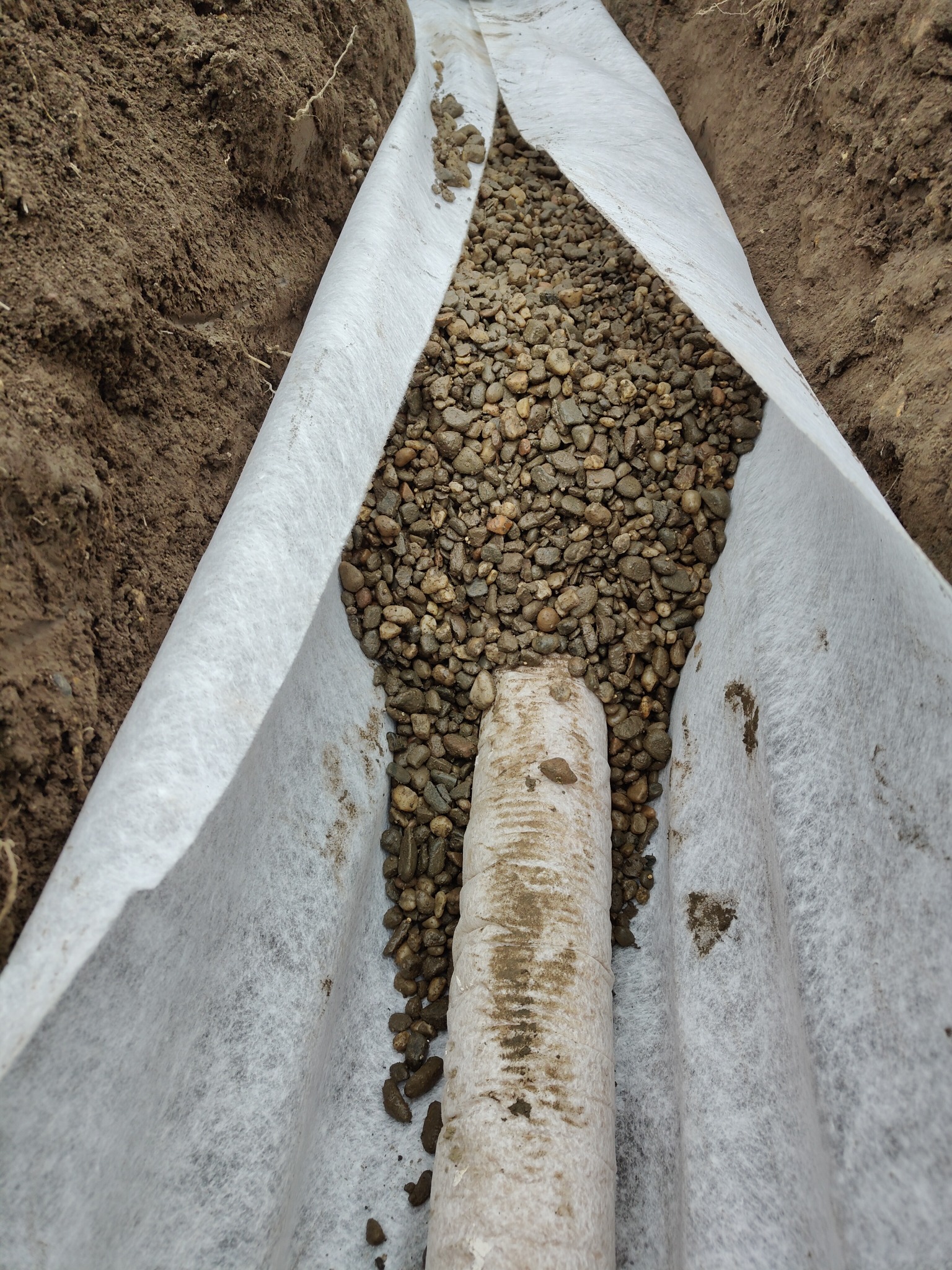 Drenaż liniowy w wykopie: rura drenarska otoczona żwirem i geowłókniną, widok z góry. Brązowa ziemia po bokach wykopu.