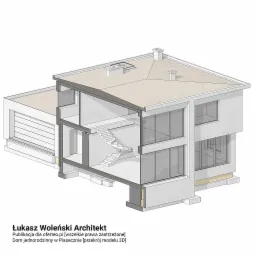 Przekrój 3D domu jednorodzinnego z garażem, widoczne schody wewnętrzne, duże okna i dwuspadowy dach z kominami.