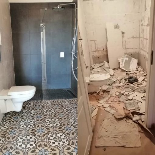 Remont łazienki: ułożone płytki pod prysznicem i toaletą po lewej, gruz i resztki płytek po prawej. Widok przed i po remoncie.