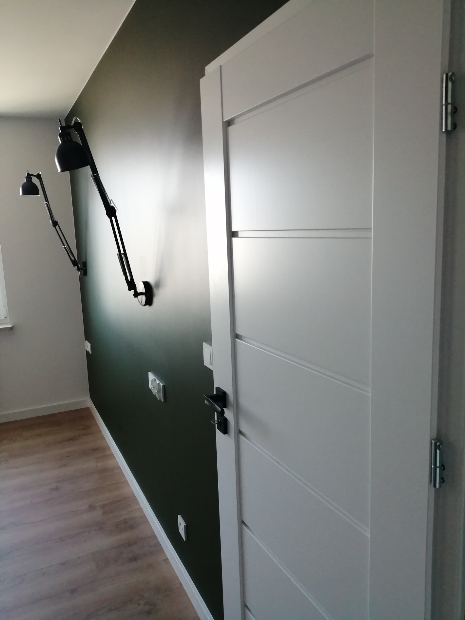 Nowoczesne wnętrze: białe drzwi z poziomymi frezami, ściana pomalowana na ciemny odcień zieleni z dwoma regulowanymi lampami ściennymi w stylu industrialnym, widoczne gniazdka elektryczne, podłoga...