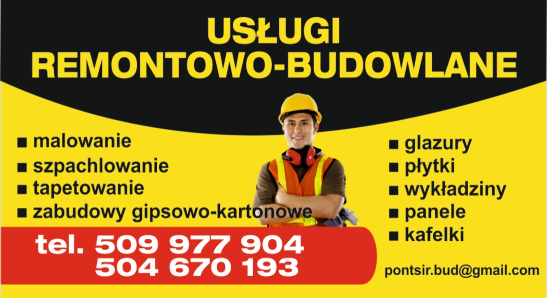 Grafika reklamowa usług remontowo-budowlanych: malowanie, szpachlowanie, glazury i inne. Pracownik w kasku i numery telefonów kontaktowych na żółto-czarnym tle.