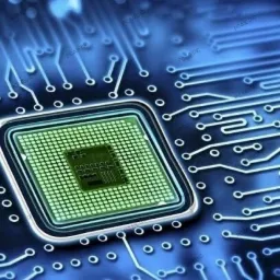 Szczegółowe zbliżenie mikroprocesora z widocznymi ścieżkami obwodu drukowanego w odcieniach niebieskiego i zielonego.