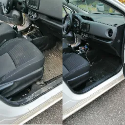 Porównanie wnętrza samochodu przed i po czyszczeniu: brudne dywaniki i siedzenia po lewej, czyste i odświeżone po prawej stronie, widoczne różnice w detalach.