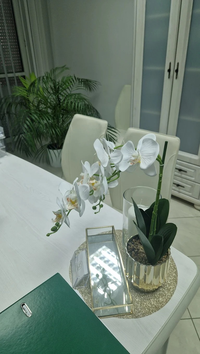 Eleganckie biuro: białe krzesła, storczyk, roślina doniczkowa i zielony segregator na stole. Minimalistyczny wystrój wnętrza kancelarii prawnej.