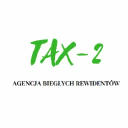 Logo firmy TAX-2 Agencja Biegłych Rewidentów, z zielonym napisem TAX-2 w stylu odręcznym i czarnym tekstem Agencja Biegłych Rewidentów pod spodem.