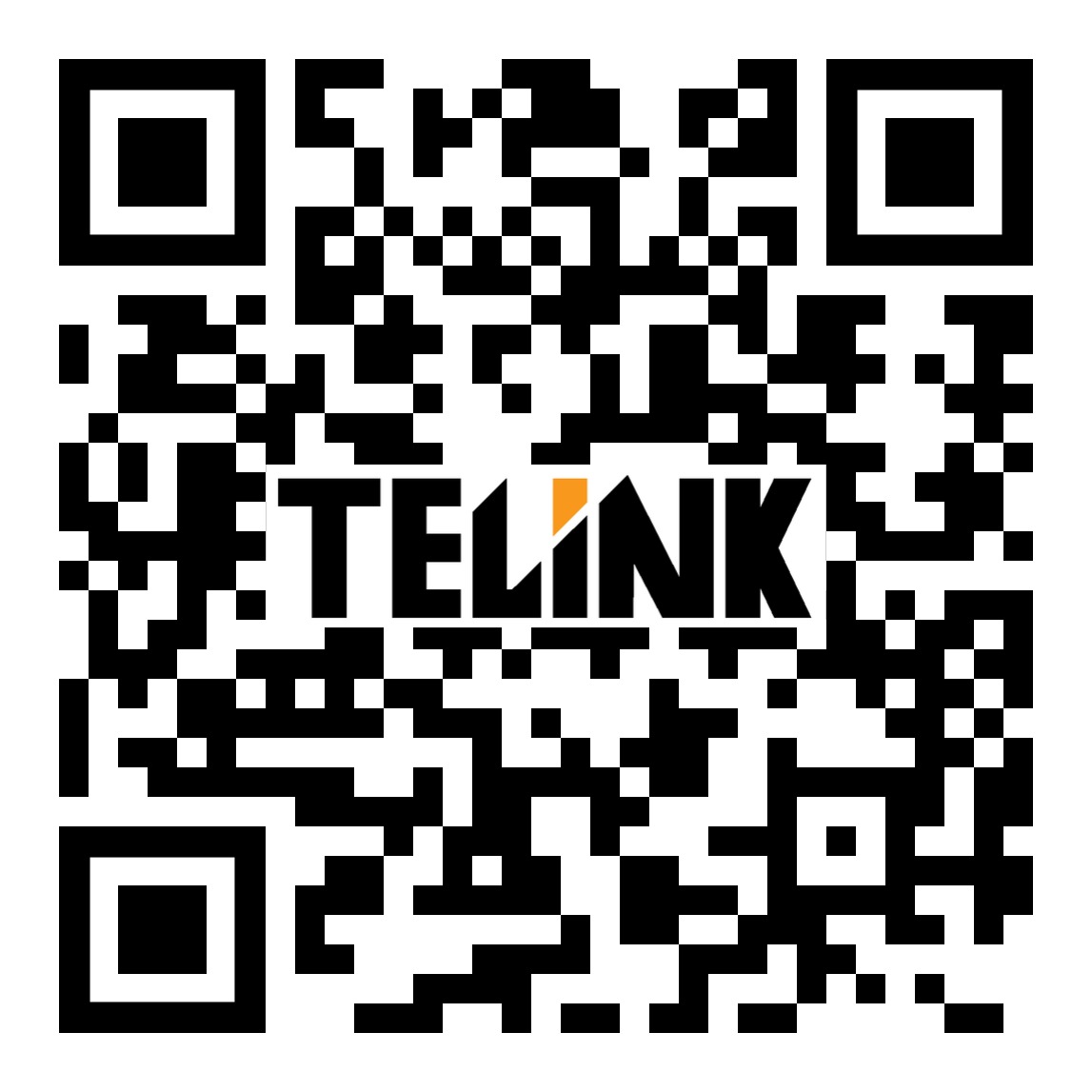 Czarno-biały kod QR z nazwą firmy TELINK w centrum, litera 'L' w kolorze pomarańczowym.