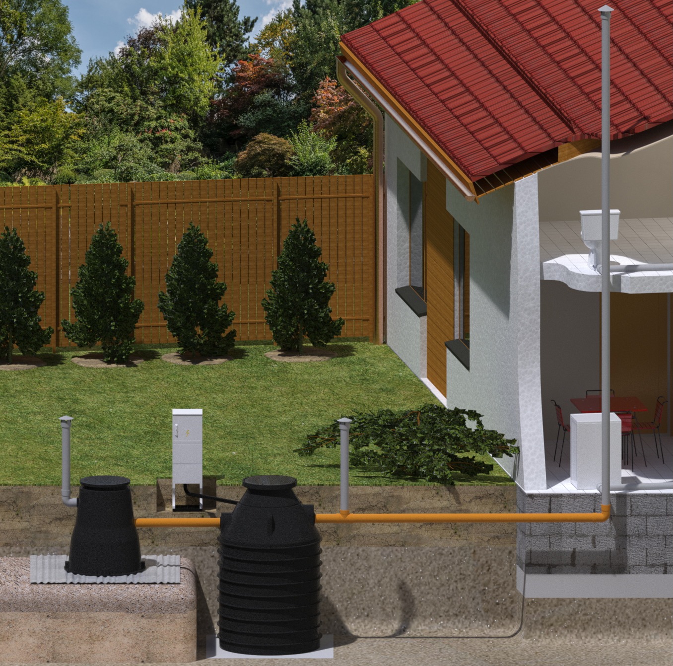 Przekrój instalacji przydomowej oczyszczalni ścieków z dwoma zbiornikami, rurami i studzienką rewizyjną w gruncie obok domu z czerwonym dachem, wizualizacja 3D.
