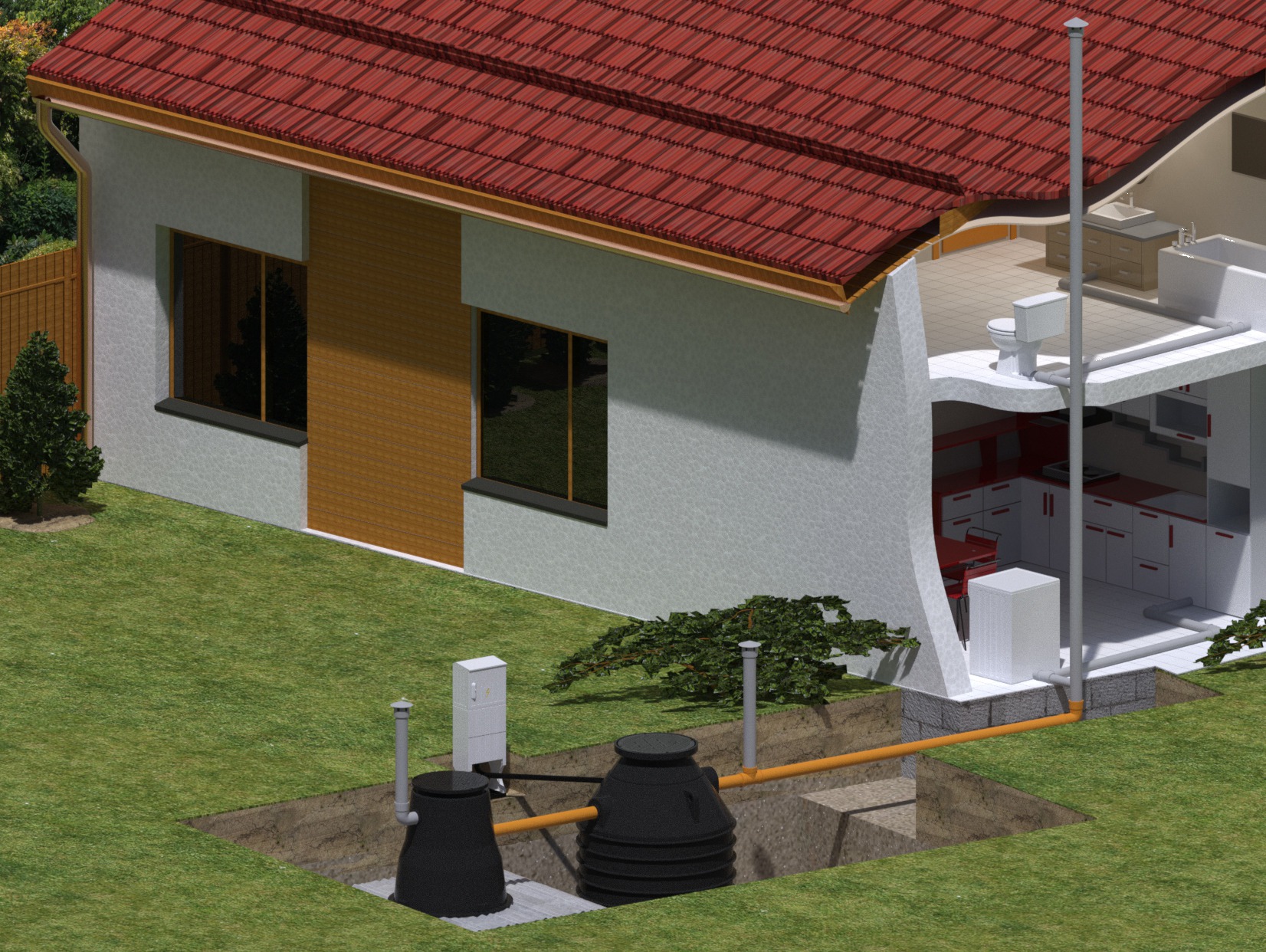 Wizualizacja przekroju domu z instalacją oczyszczalni ścieków: widoczne zbiorniki podziemne, rury łączące z budynkiem, fragment instalacji sanitarnej wewnątrz domu.