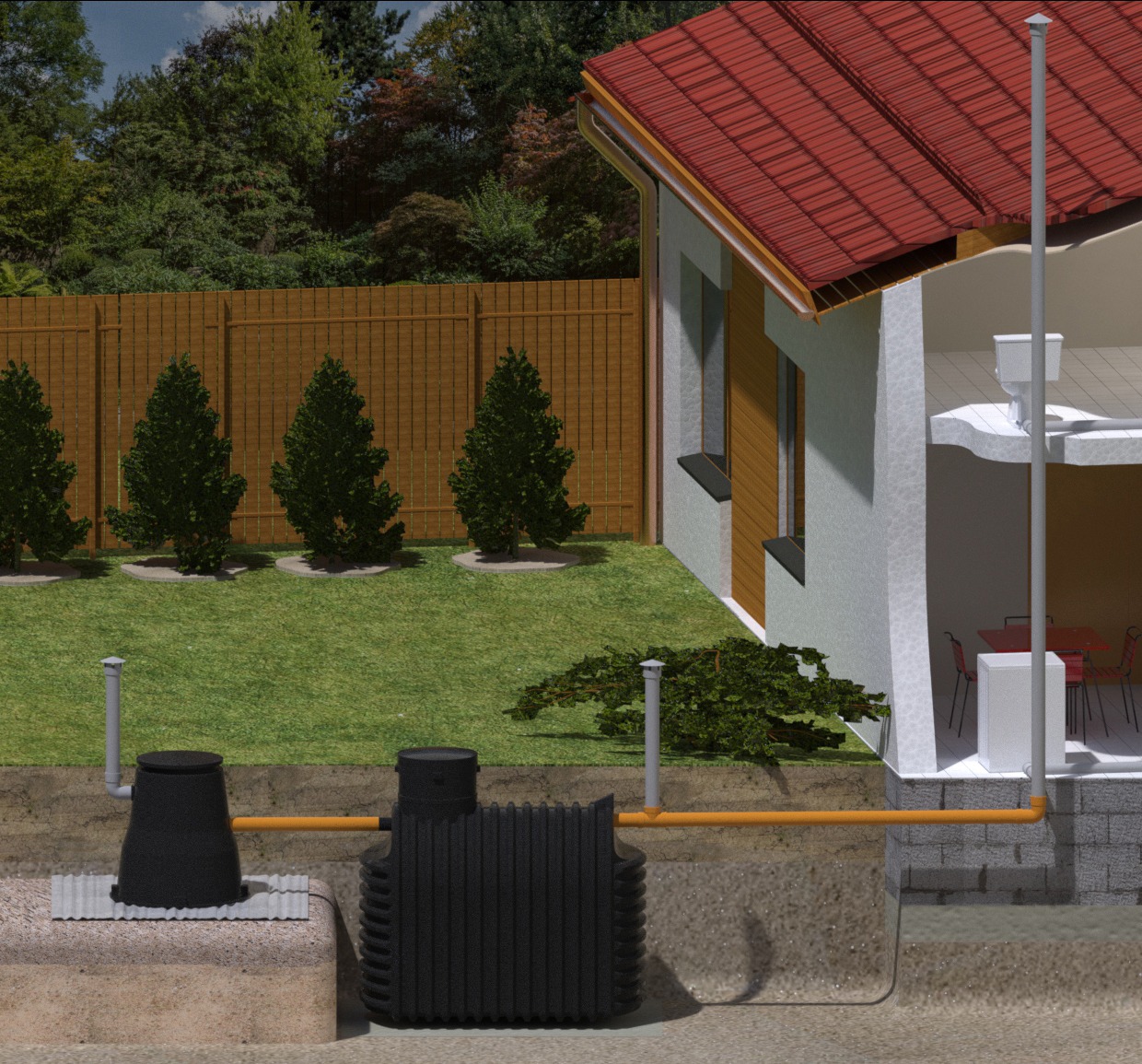 Przekrój instalacji przydomowej oczyszczalni ścieków w Karpinie, z widocznymi zbiornikami i rurami pod trawnikiem obok domu z czerwonym dachem.