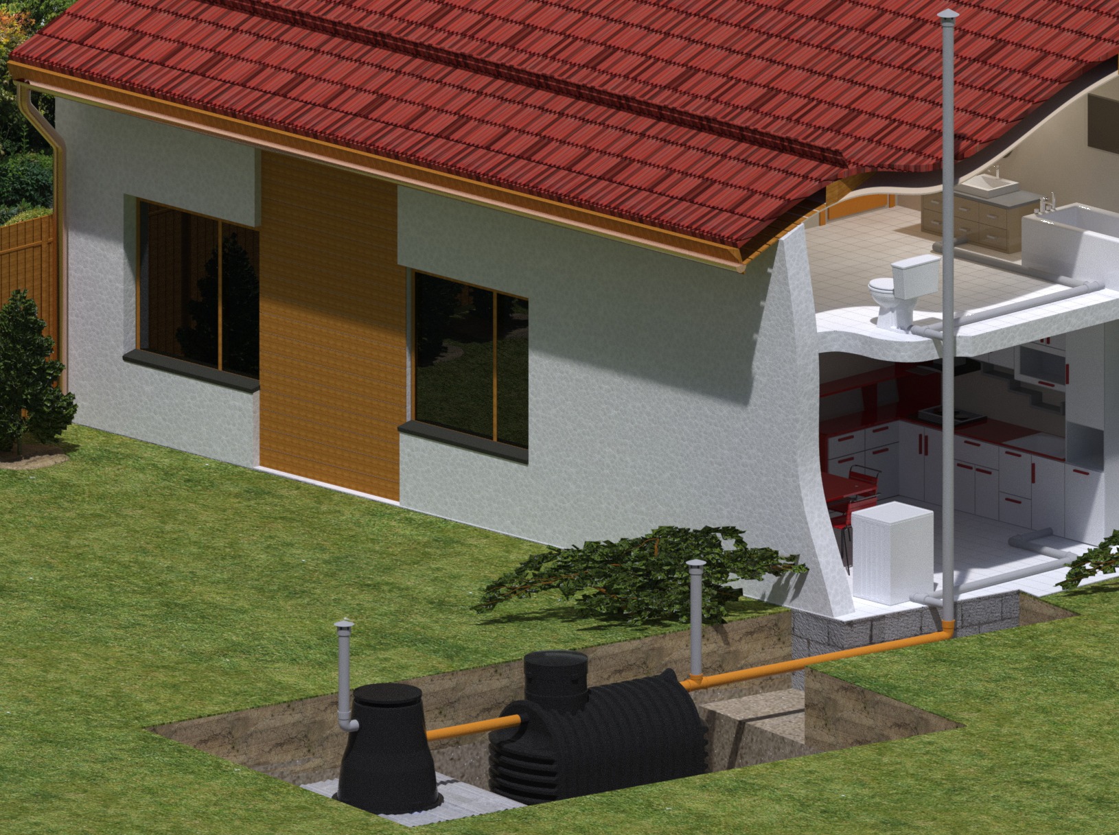 Przekrój 3D domu z instalacją oczyszczania ścieków: czarne zbiorniki pod ziemią, pomarańczowe rury łączące z budynkiem, widoczny przekrój kuchni i łazienki.