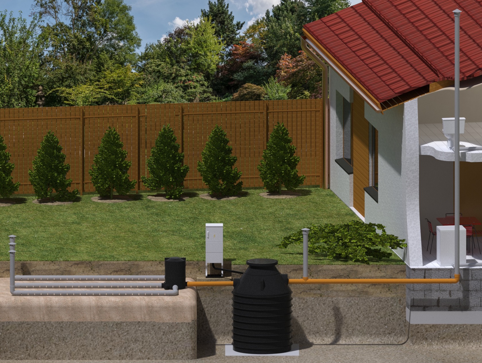 Wizualizacja 3D przydomowej oczyszczalni ścieków z widocznym zbiornikiem, studzienką rozdzielczą i drenażem rozsączającym, umieszczona na przekroju gruntu obok domu z ogrodem.