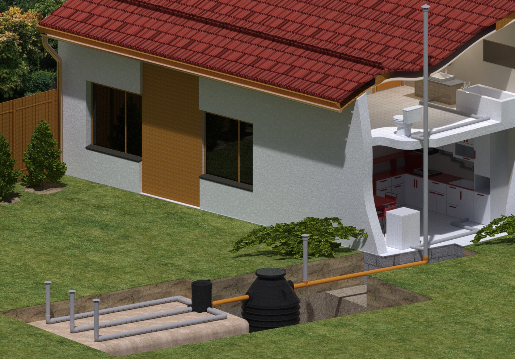 Przekrój domu z wizualizacją podziemnej instalacji oczyszczającej, widoczny osadnik oraz drenaż rozsączający, rury odprowadzające do domu, wnętrze domu z wyposażeniem.