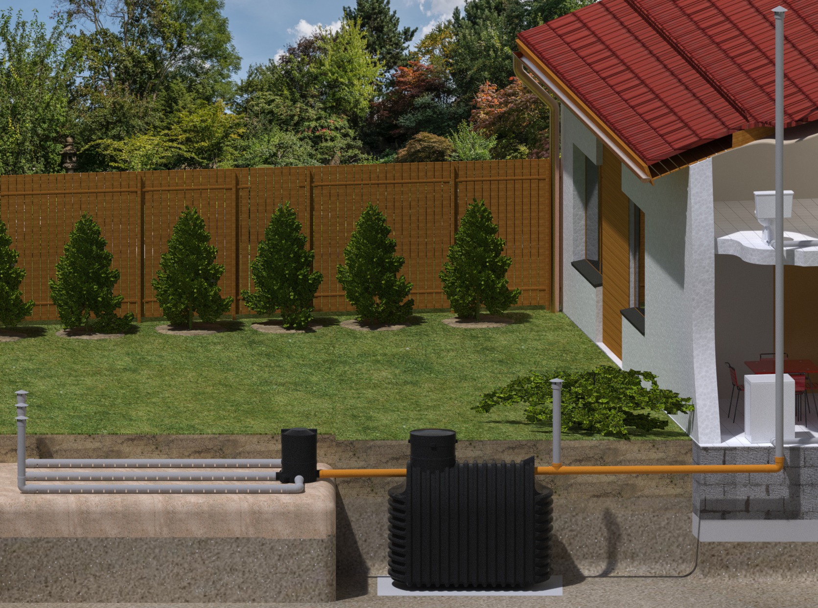 Przekrój instalacji przydomowej oczyszczalni ścieków z drenażem rozsączającym, widoczny zbiornik, rury i studzienka w gruncie, zarys domu z fragmentem toalety.