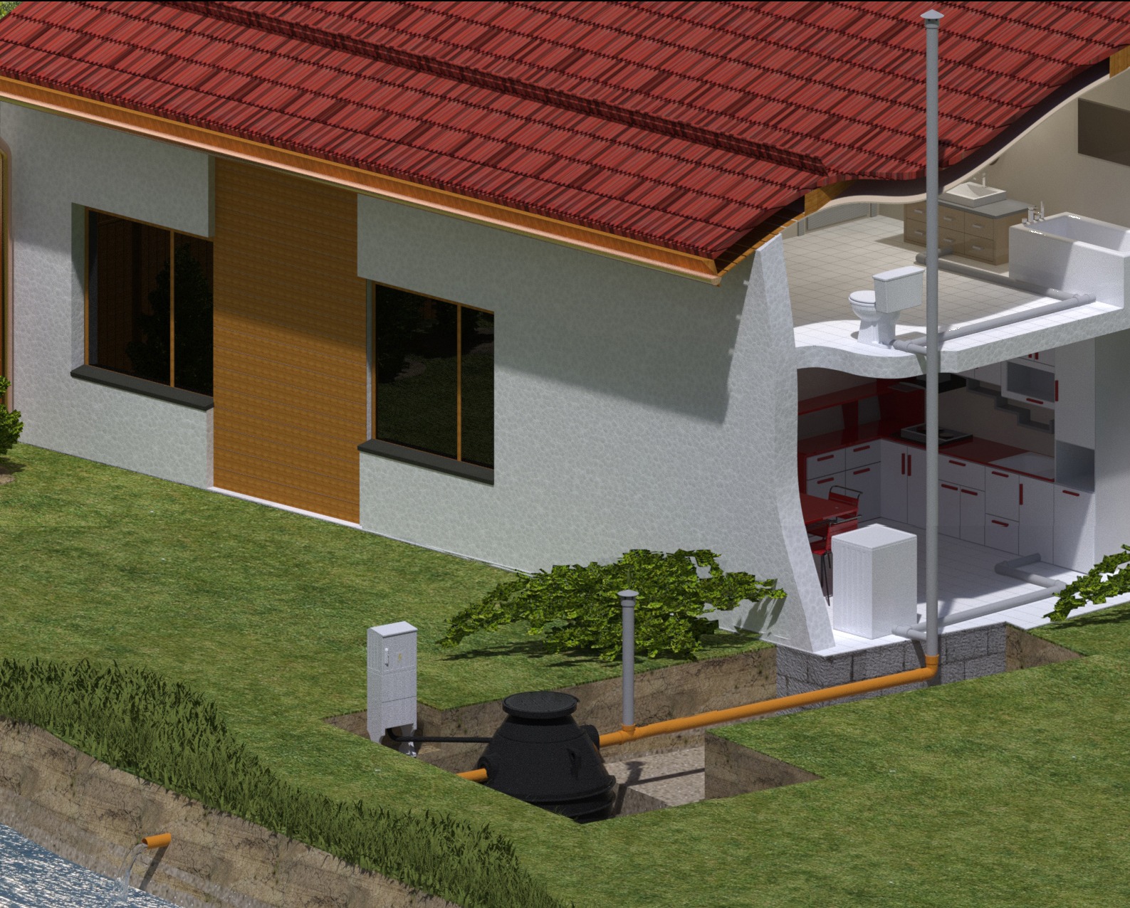 Przekrój domu jednorodzinnego z instalacją oczyszczania ścieków: widoczny zbiornik podziemny, rury kanalizacyjne, studzienka rewizyjna oraz wnętrze domu z instalacją sanitarną.