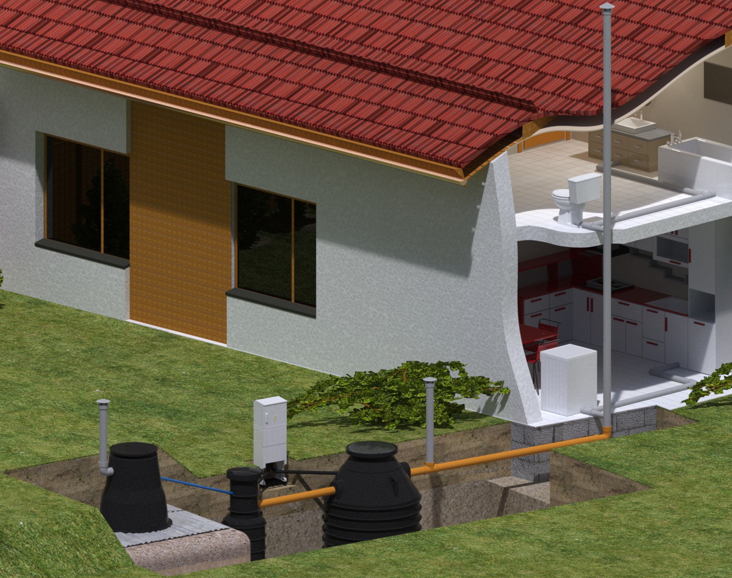 Przekrój 3D domu jednorodzinnego z wizualizacją podziemnego systemu odprowadzania ścieków, obejmującego zbiorniki i instalacje pod trawnikiem.