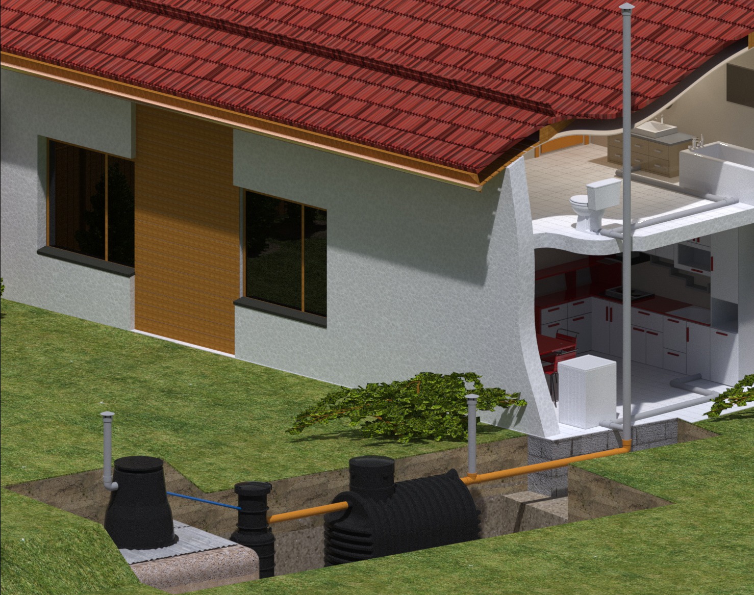 Przekrój 3D domu jednorodzinnego z widoczną instalacją oczyszczania ścieków: trzy zbiorniki pod ziemią połączone rurami, z widocznym fragmentem instalacji sanitarnej wewnątrz budynku.