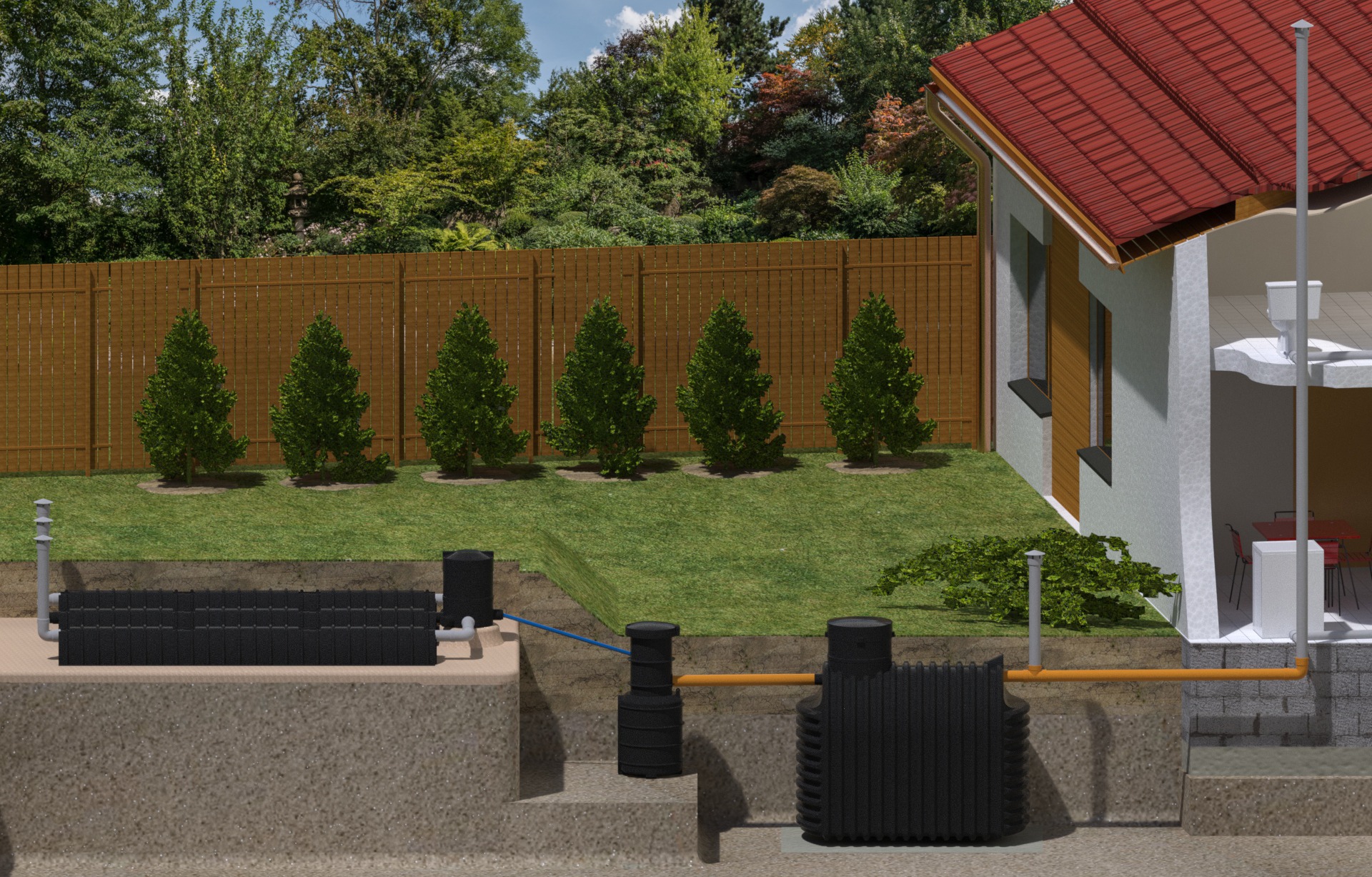 Wizualizacja przekroju instalacji przydomowej oczyszczalni ścieków z podłączeniem do budynku, prezentująca zbiorniki i rury w gruncie, z trawnikiem, ogrodzeniem i domem w tle.