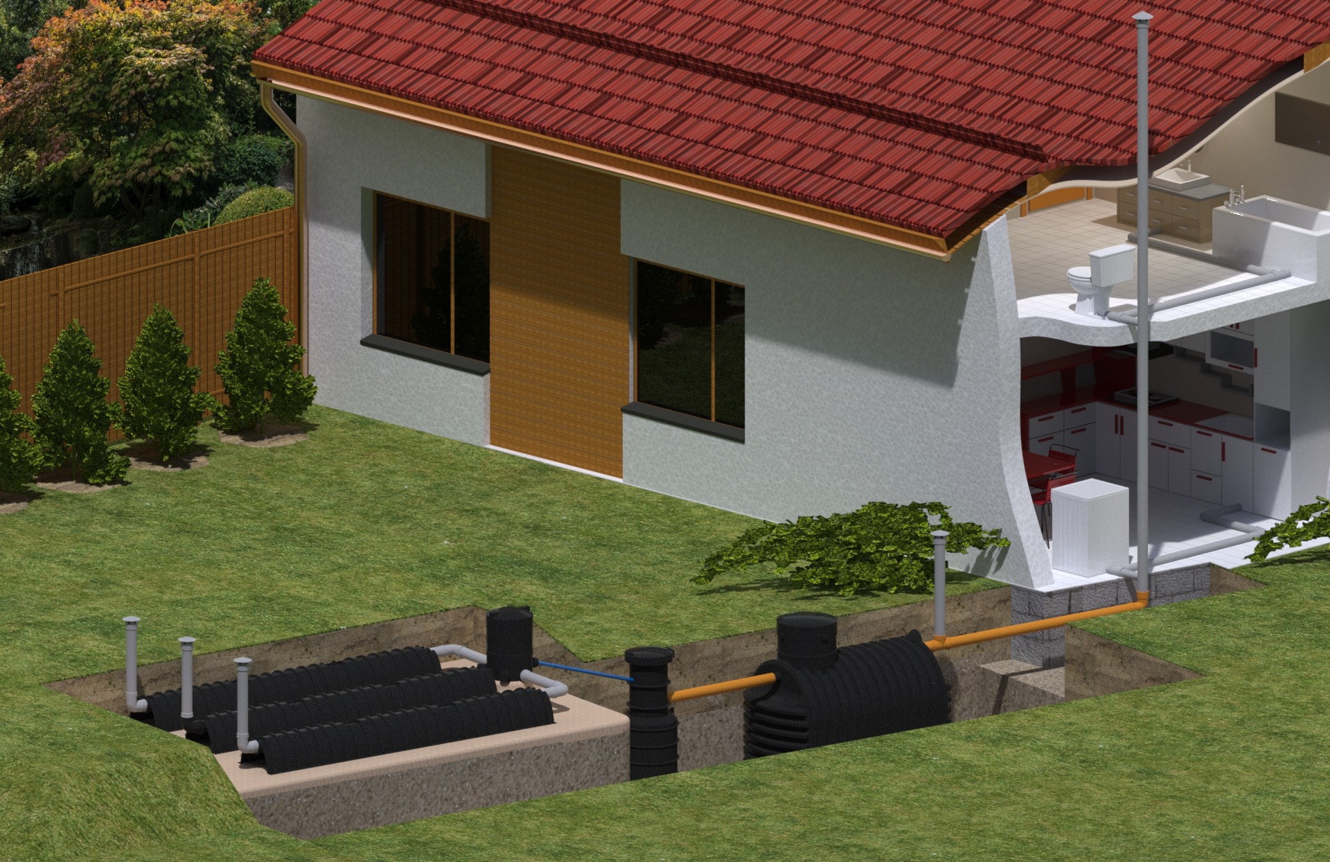 Przekrój 3D domu jednorodzinnego z zainstalowanym systemem drenażowym i zbiornikiem na ścieki, widoczne elementy instalacji pod trawnikiem.