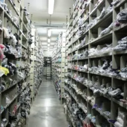 Magazyn odzieży roboczej z metalowymi regałami wypełnionymi zapakowanymi ubraniami, widok w głąb korytarza.