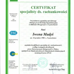 Skan certyfikatu specjalisty ds. rachunkowości wydanego przez Stowarzyszenie Księgowych w Polsce dla Iwony Madyś, Częstochowa, 29 lipca 2015.