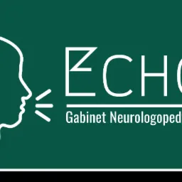 Logo gabinetu neurologopedycznego ECHO z sylwetką twarzy w profilu i stylizowanym napisem na ciemnozielonym tle.