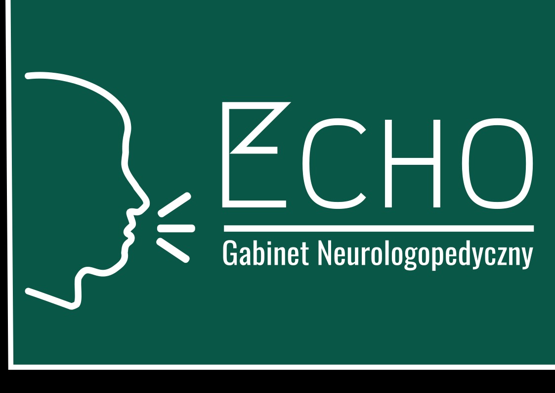 Logo gabinetu neurologopedycznego ECHO z sylwetką twarzy w profilu i stylizowanym napisem na ciemnozielonym tle.