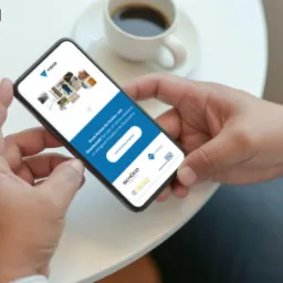 Osoba trzyma smartfon z wyświetloną stroną internetową firmy Visco-Fenster, oferującej okna i drzwi, na białym stole obok filiżanki kawy.